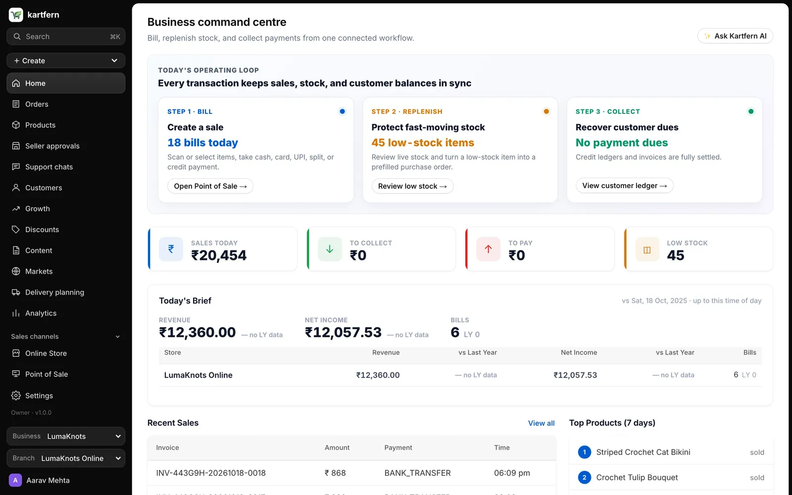 Your day at a glance: Today’s sales, what to restock and who owes you, the moment you log in.