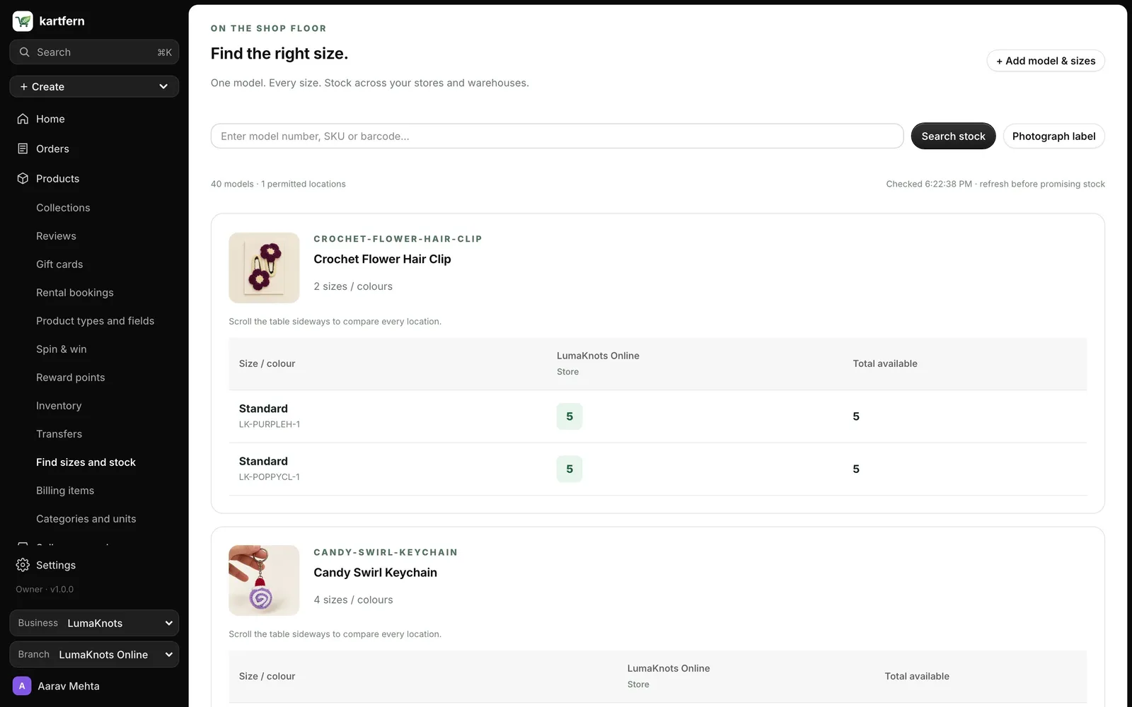 The Kartfern stock finder showing sizes across stores