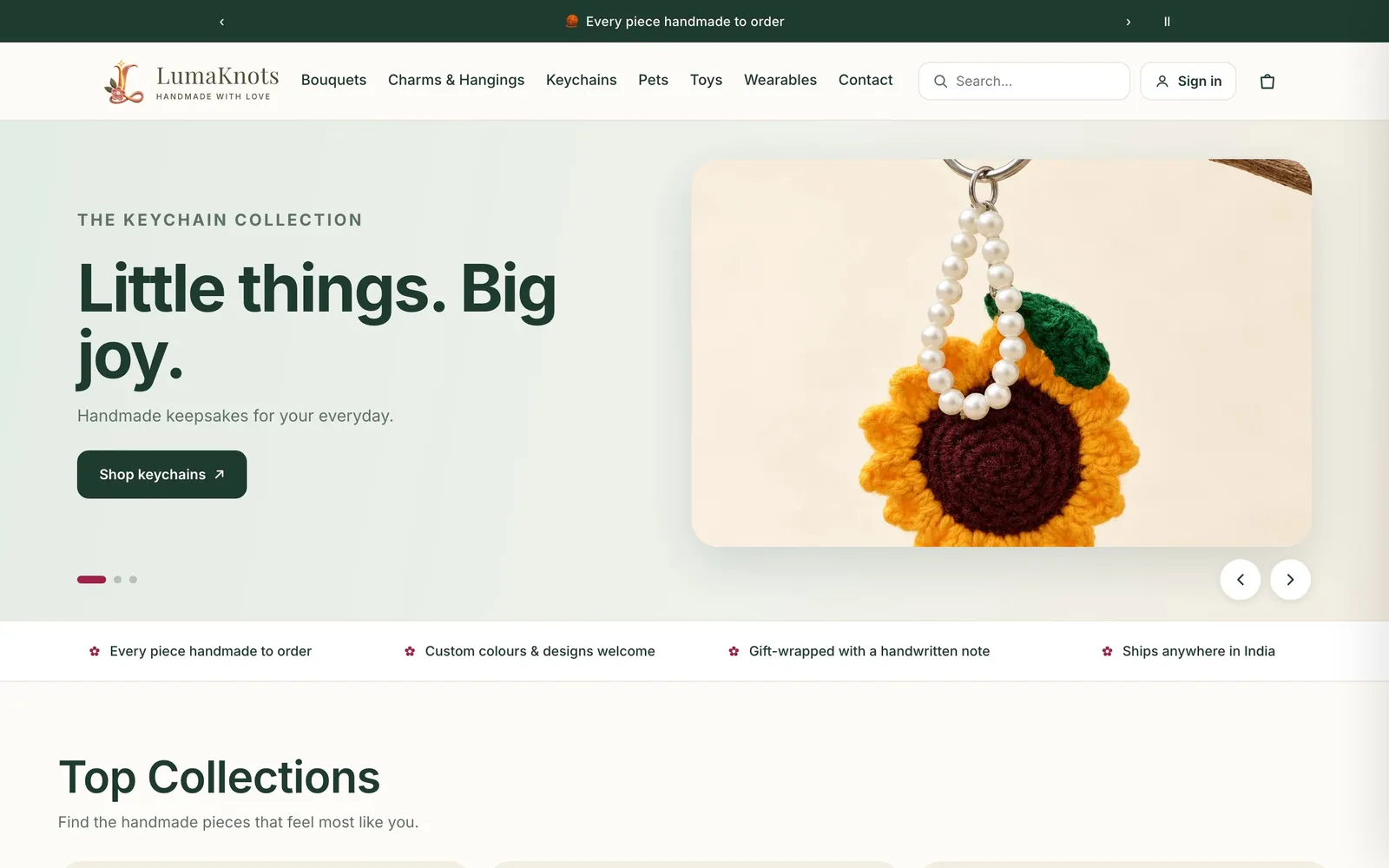 The LumaKnots online store home page, built on Kartfern